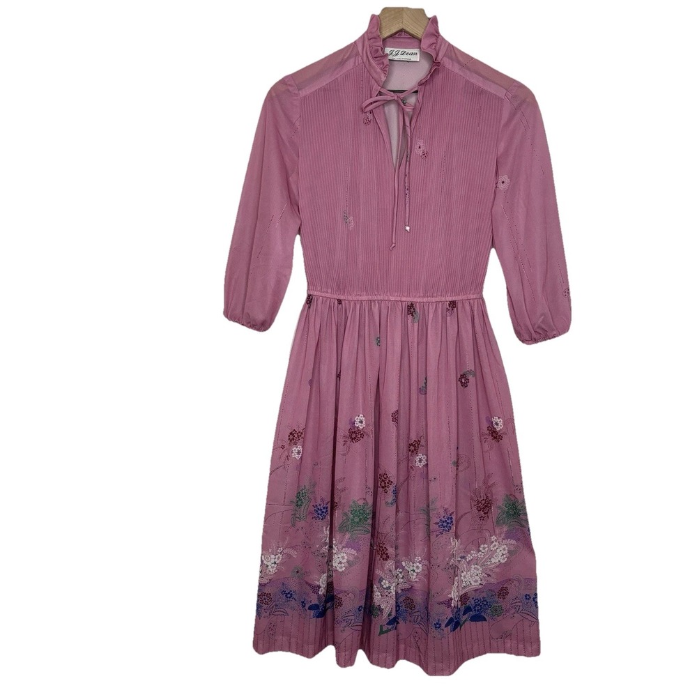 Vintage 70s Dress J.J. Dean Purple Pleated Retro Floral Hippie Fairy Boho Sheer